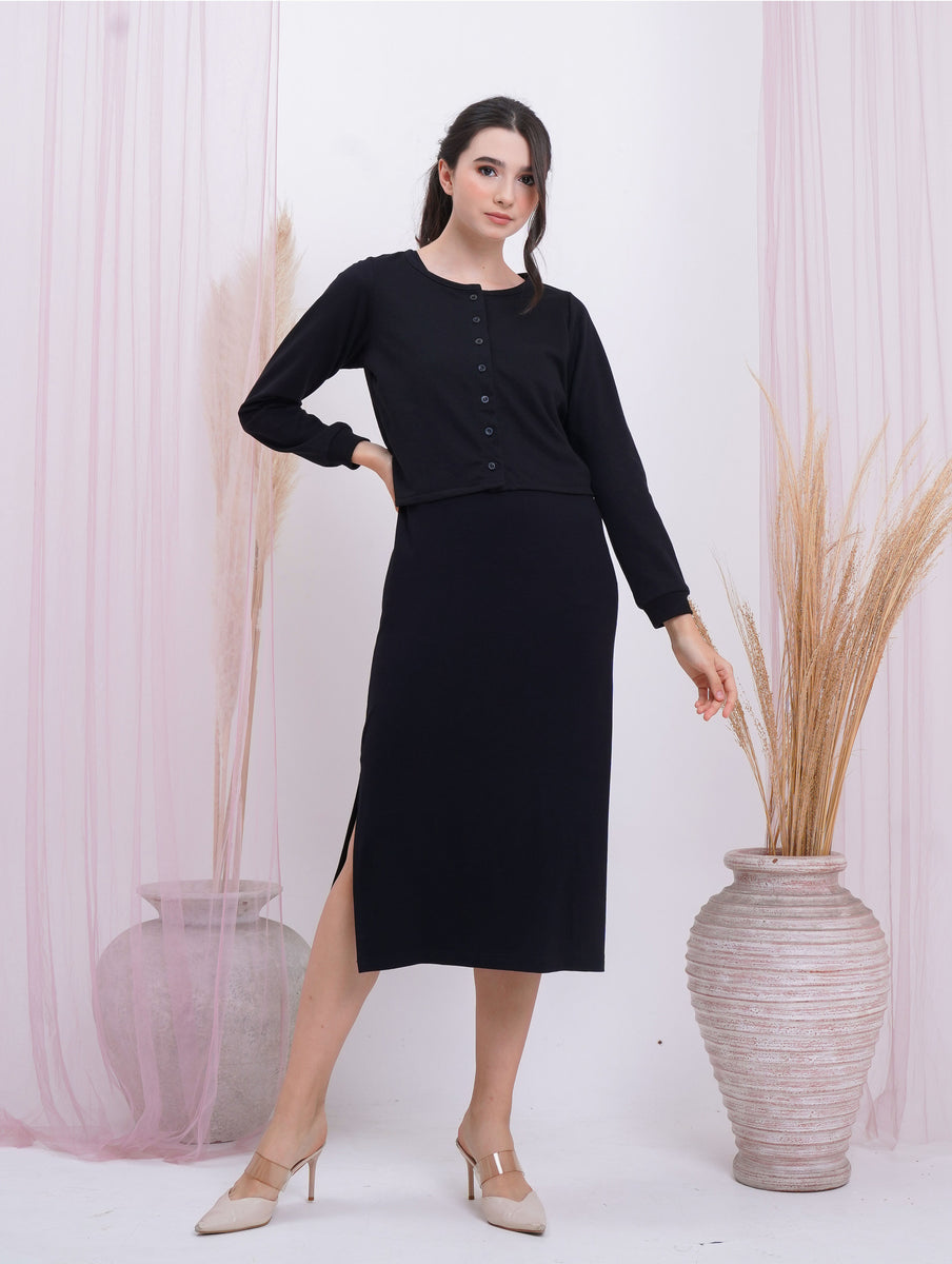 Monogram Pleated Shirt Dress - Black – Buttonscarves