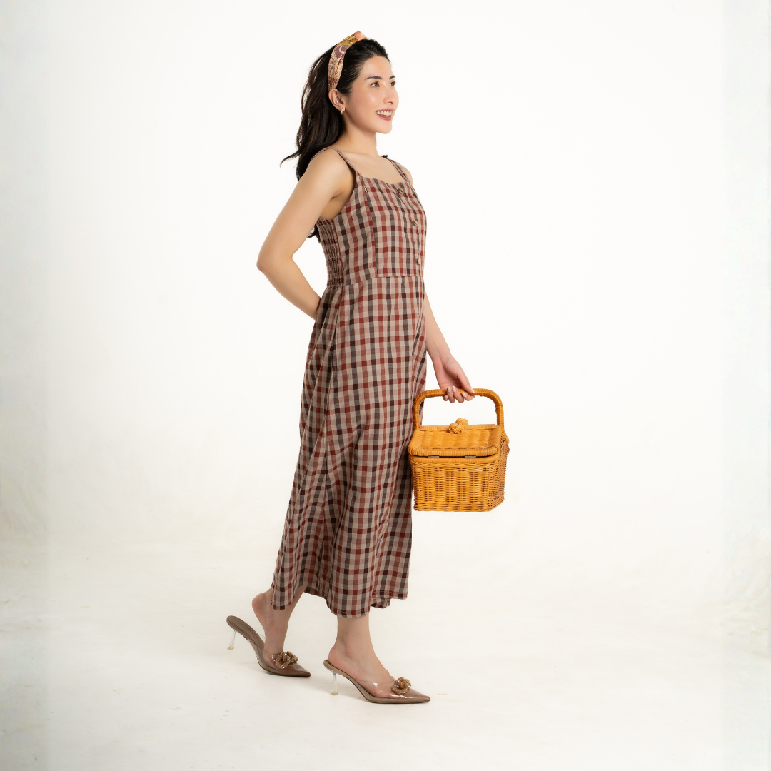 Aveline Gingham Nursing Dress in Brick amber