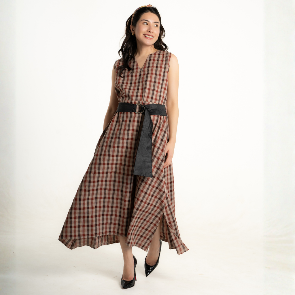 Nova V-neck Modern Gingham Nursing Dress in Brick Amber