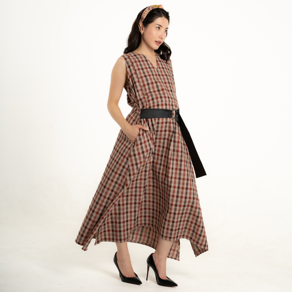 Nova V-neck Modern Gingham Nursing Dress in Brick Amber