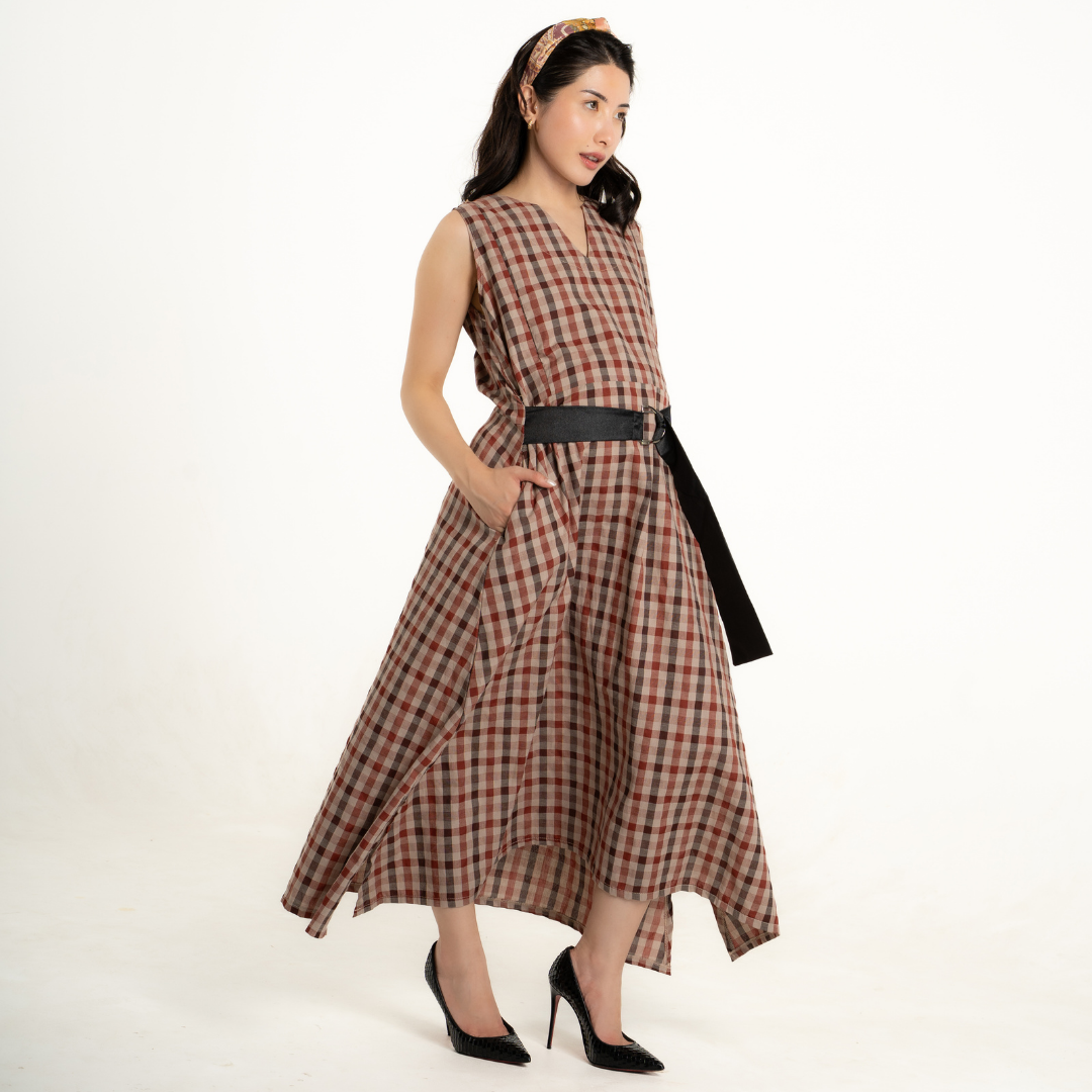 Nova V-neck Modern Gingham Nursing Dress in Brick Amber