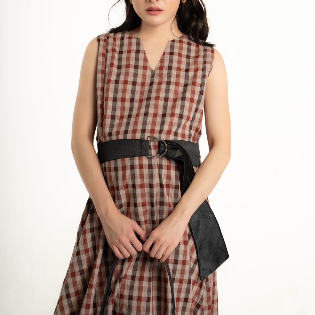 Nova V-neck Modern Gingham Nursing Dress in Brick Amber