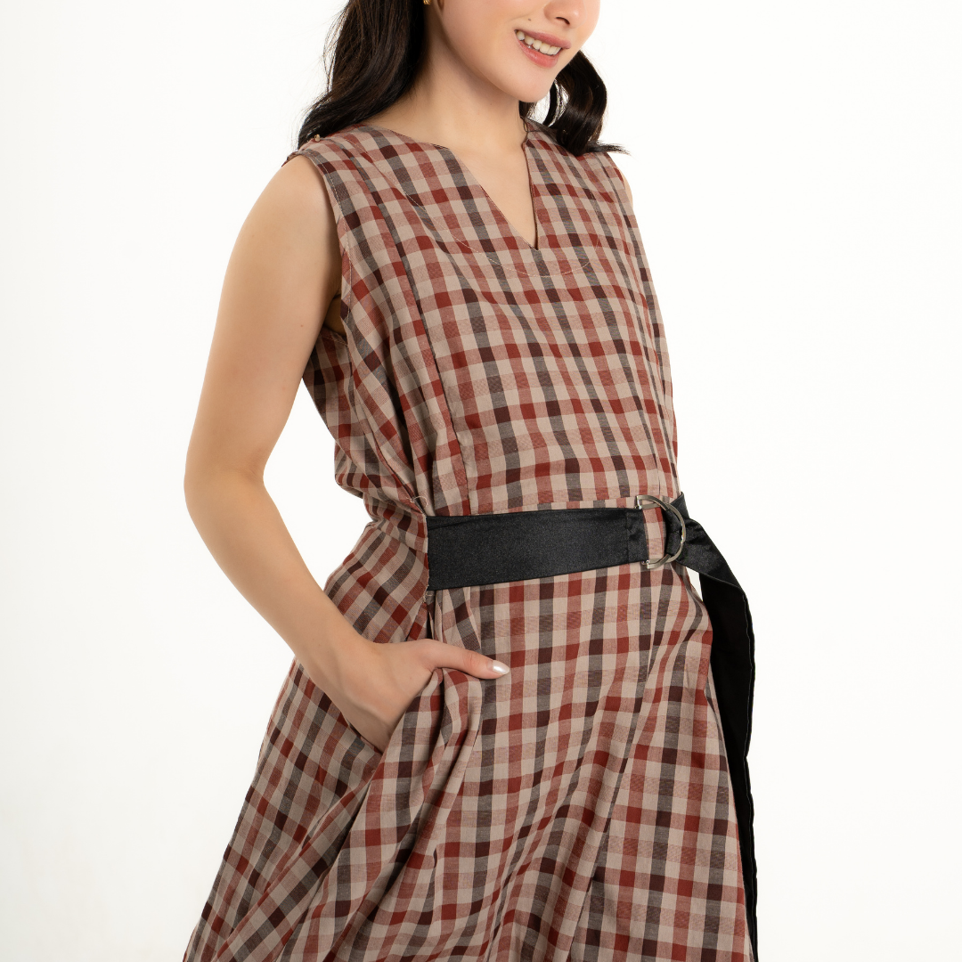 Nova V-neck Modern Gingham Nursing Dress in Brick Amber