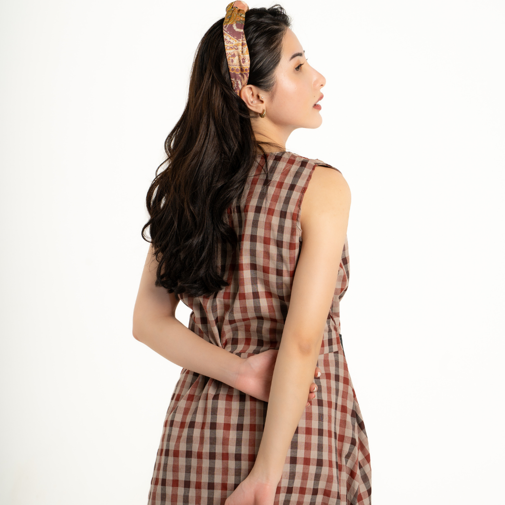 Nova V-neck Modern Gingham Nursing Dress in Brick Amber