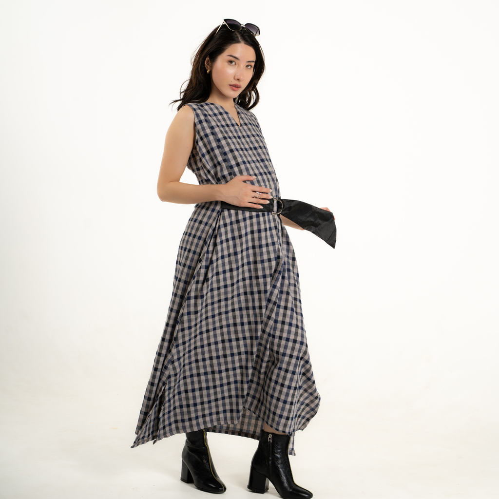 Nova V-Neck Modern Gingham Nursing Dress in Twilight Plaid