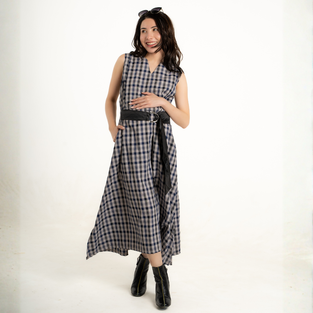 Nova V-Neck Modern Gingham Nursing Dress in Twilight Plaid