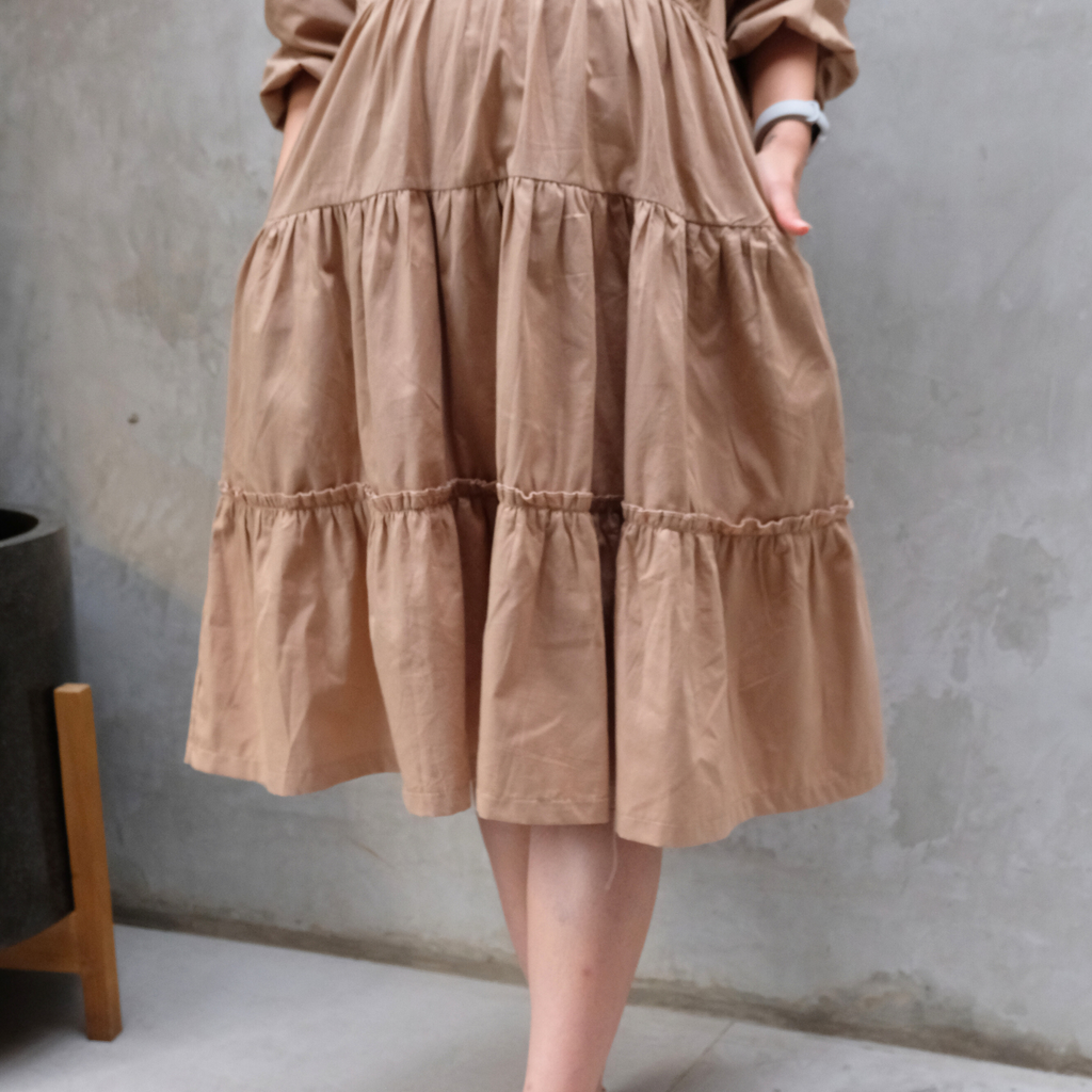 Chayara Ruffle Midi Dress in Tan