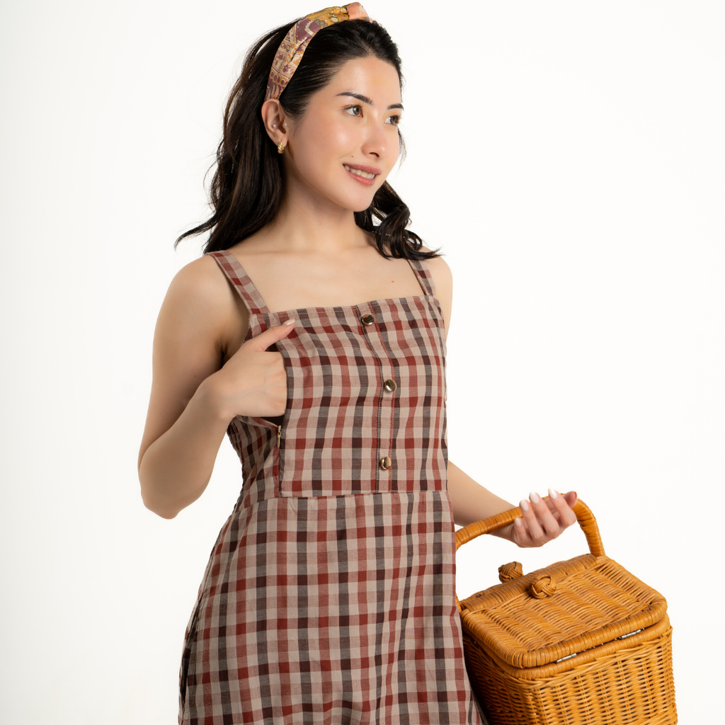 Aveline Gingham Nursing Dress in Brick amber