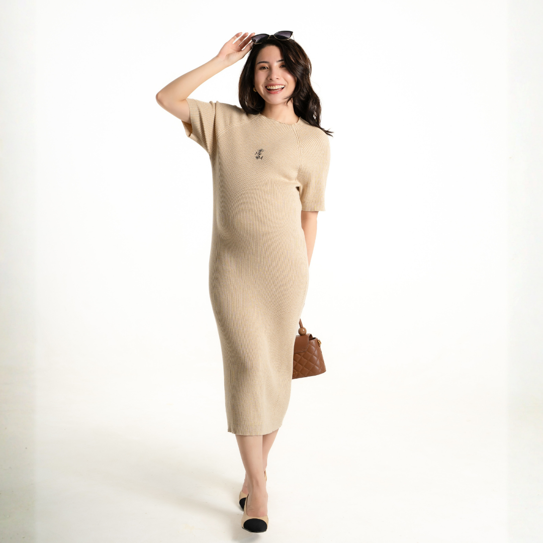 The Elara Knit Maternity Dress in Latte Khaki