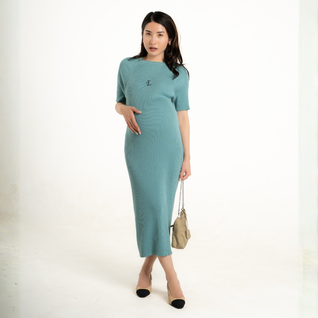 The Elara Knit Maternity Dress in Sage Mist
