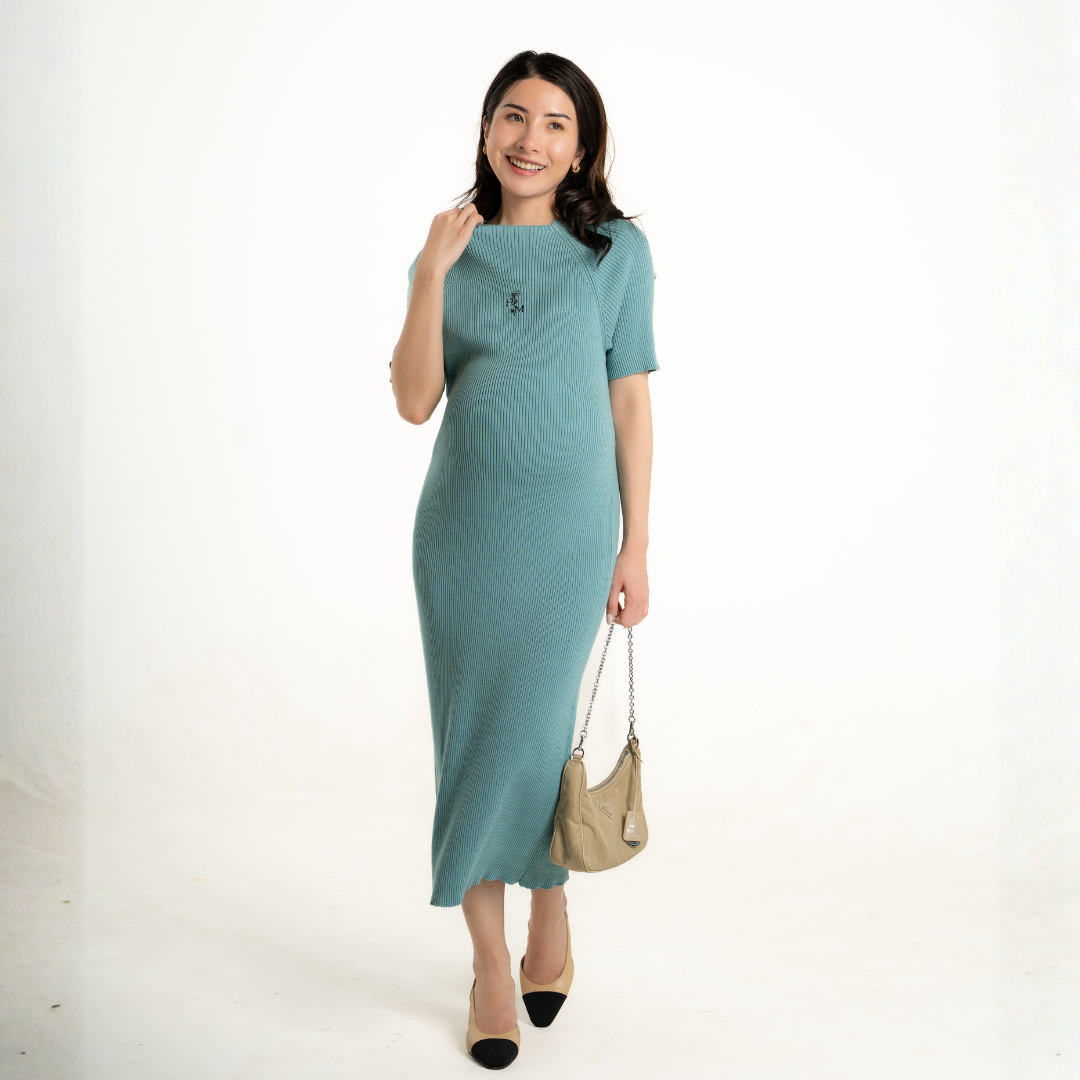 The Elara Knit Maternity Dress in Sage Mist