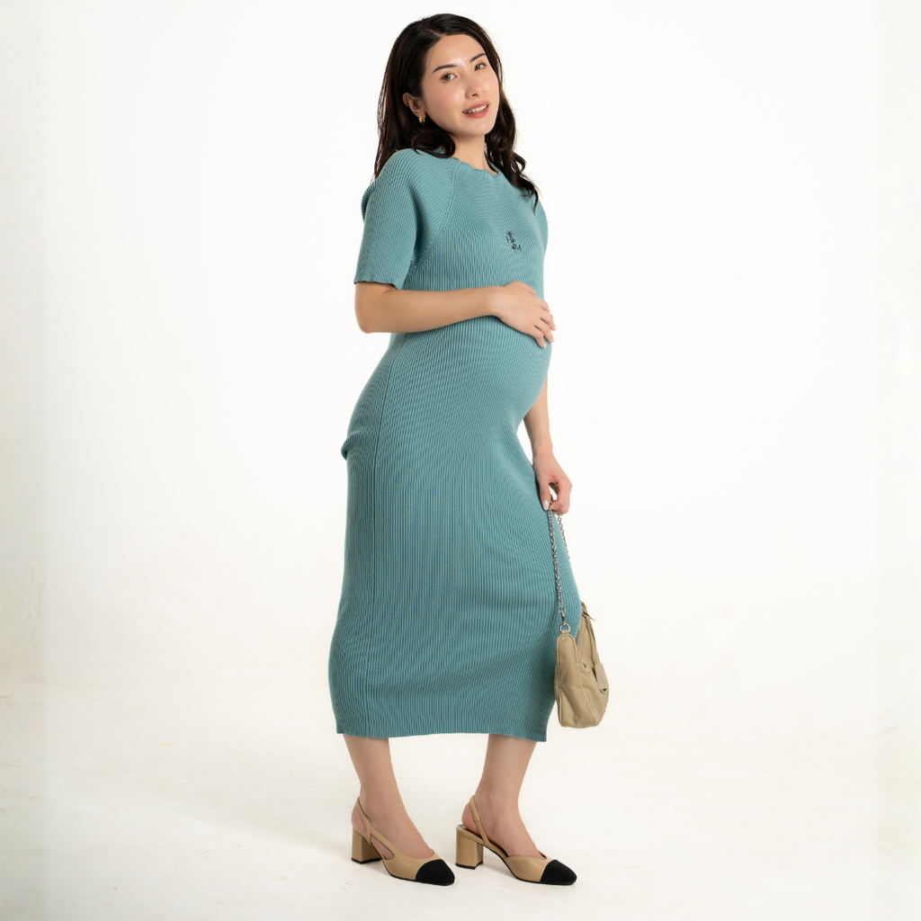 The Elara Knit Maternity Dress in Sage Mist
