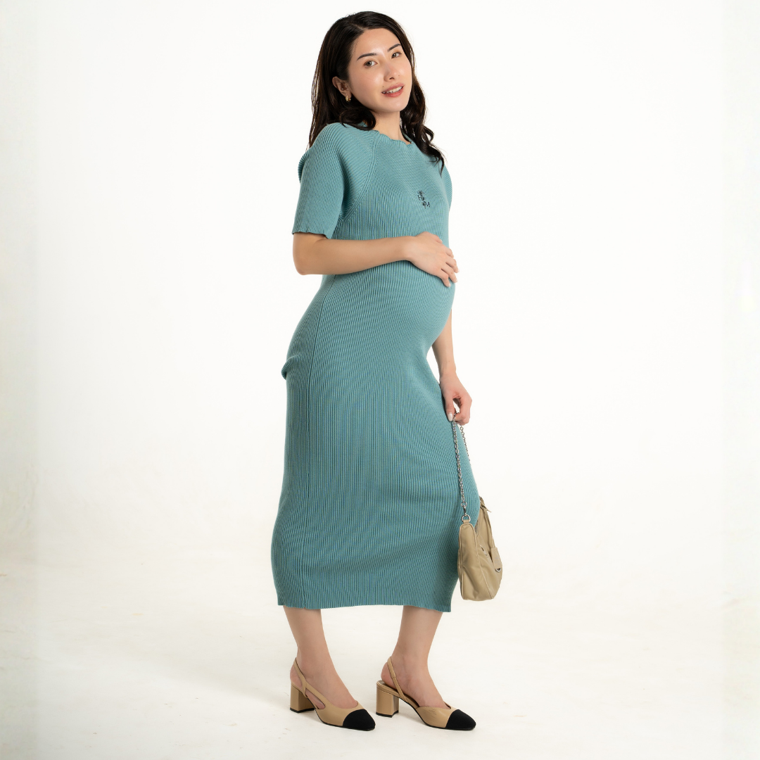 The Elara Knit Maternity Dress in Sage Mist