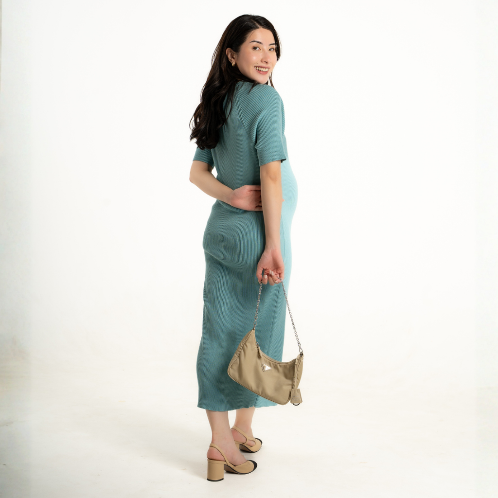 The Elara Knit Maternity Dress in Sage Mist