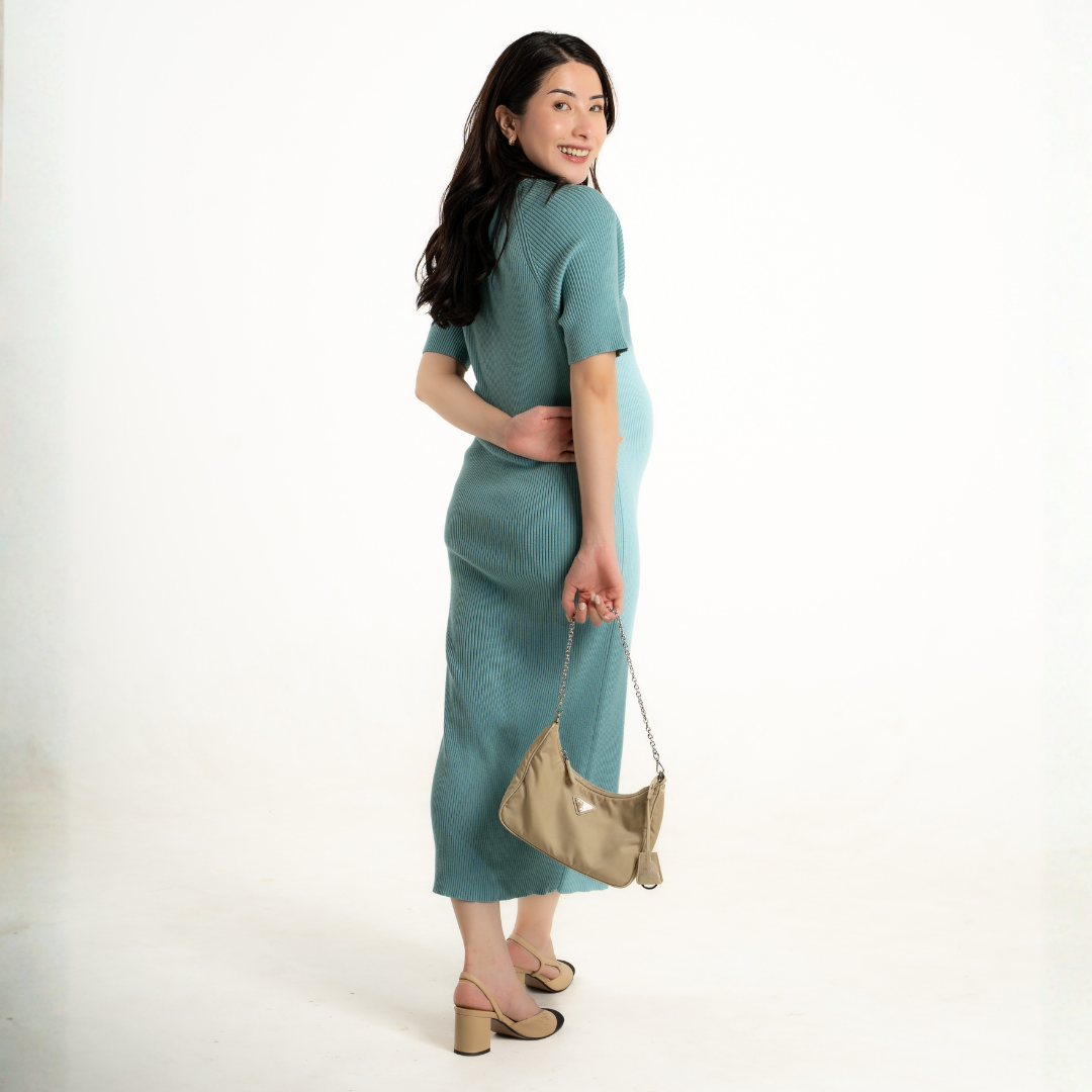 The Elara Knit Maternity Dress in Sage Mist