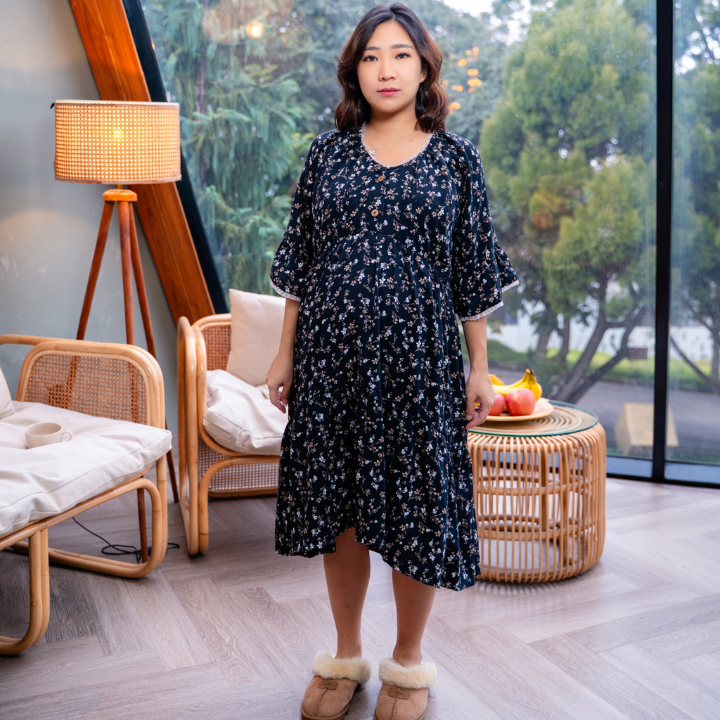 Mieko Nursing Lounge Dress in Midnight Bloom
