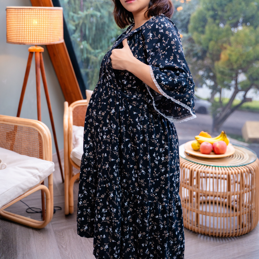 Mieko Nursing Lounge Dress in Midnight Bloom
