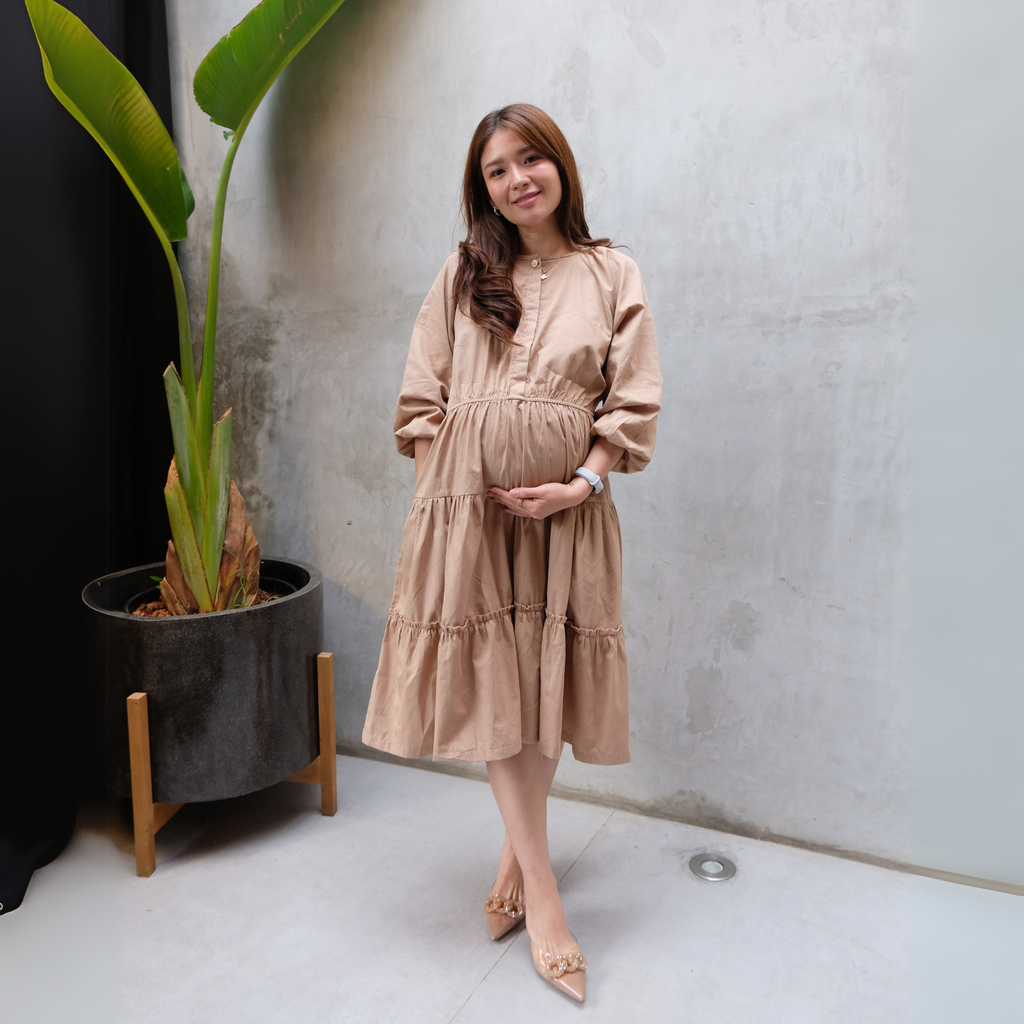 Chayara Ruffle Midi Dress in Tan