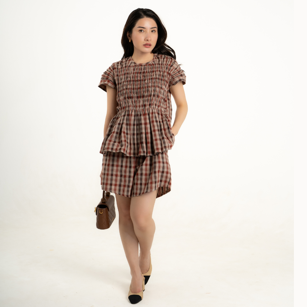 Rue Picnic Gingham Sets Top and Bottom in Brick Amber