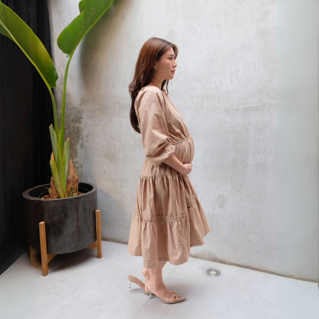 Chayara Ruffle Midi Dress in Tan