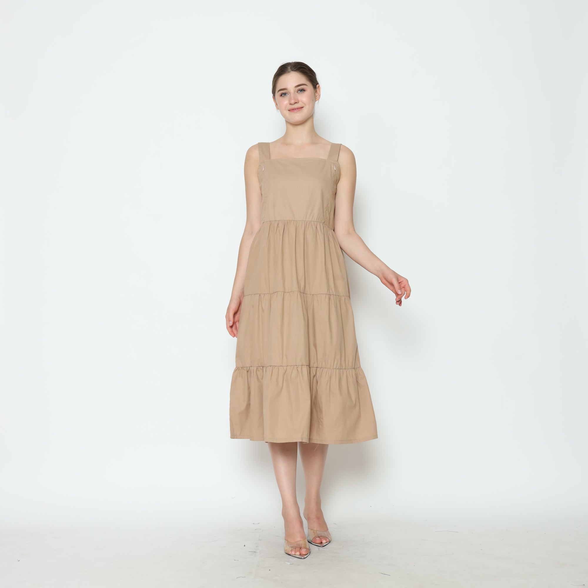 Serena Babydoll Midi Dress in Tan