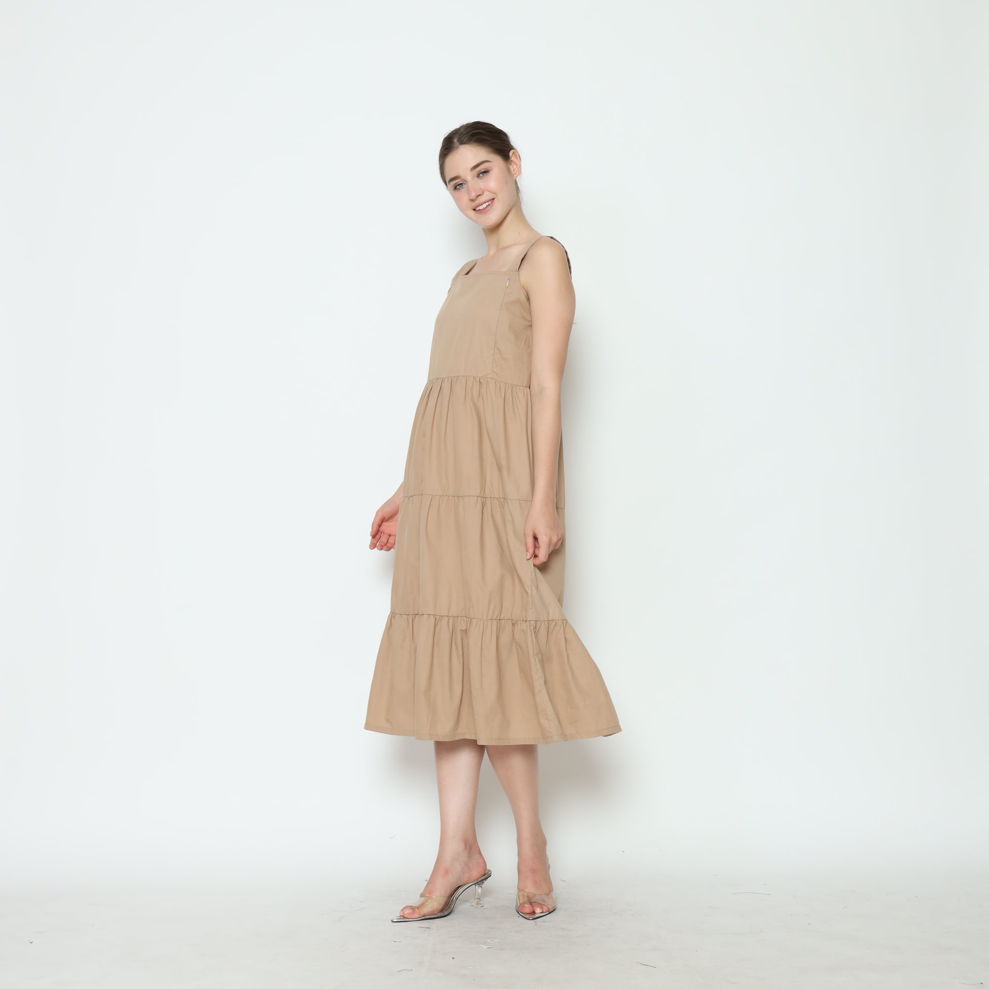 Serena Babydoll Midi Dress in Tan