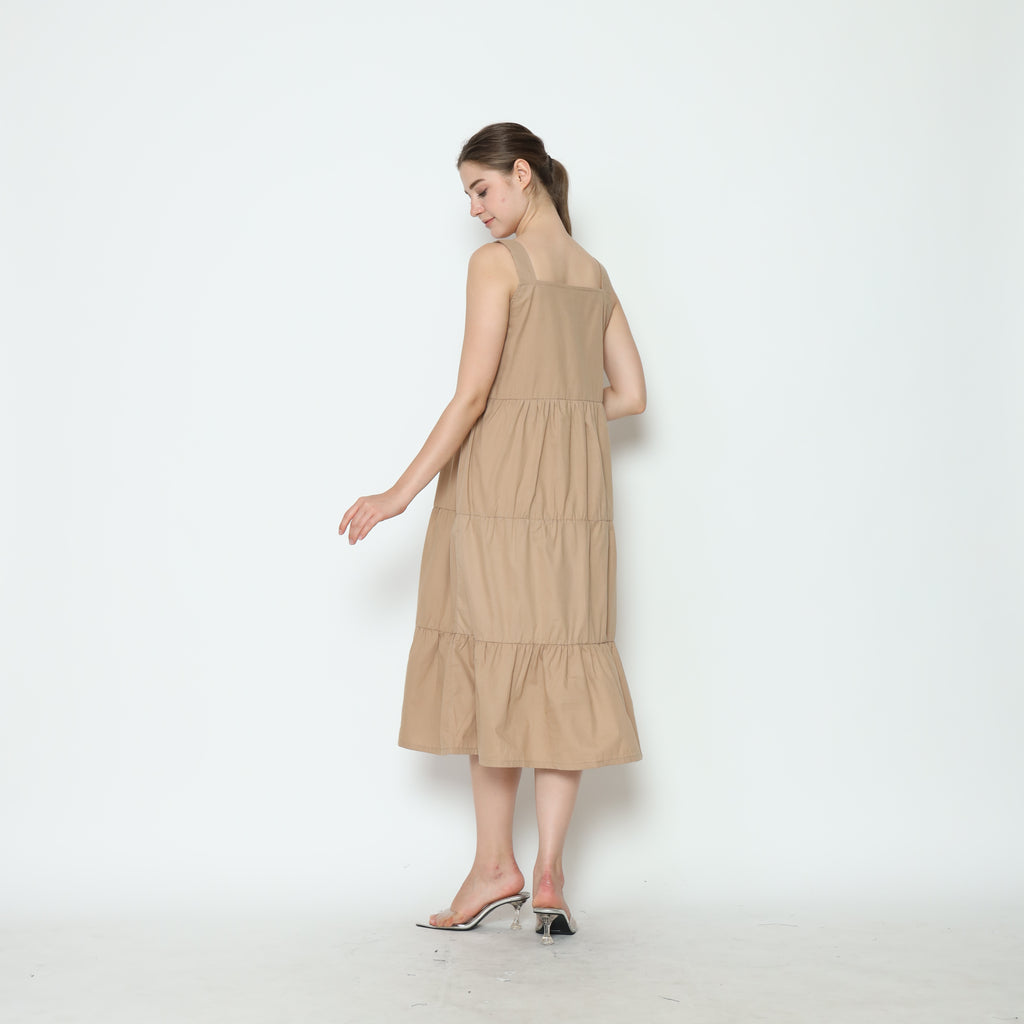 Serena Babydoll Midi Dress in Tan