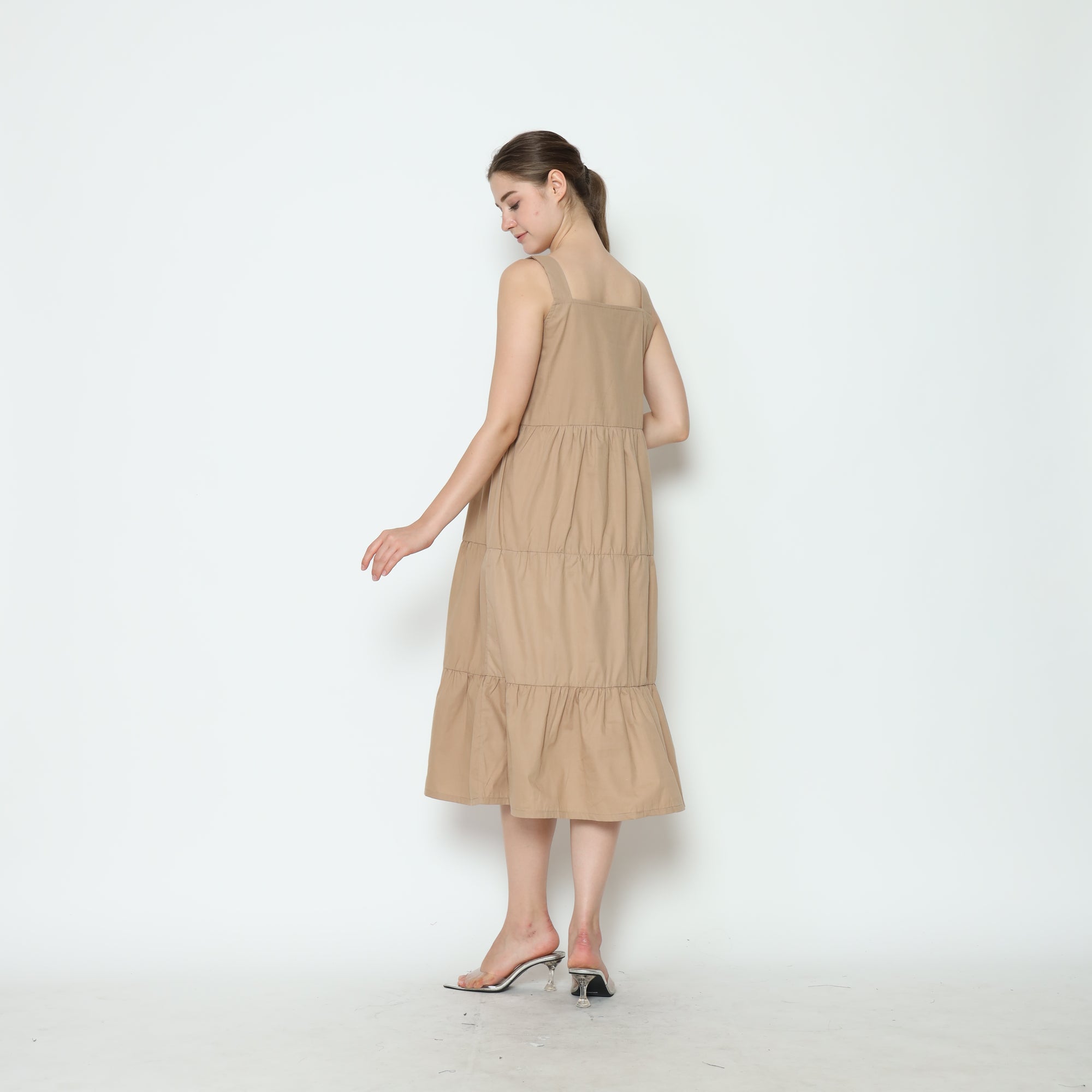 Serena Babydoll Midi Dress in Tan